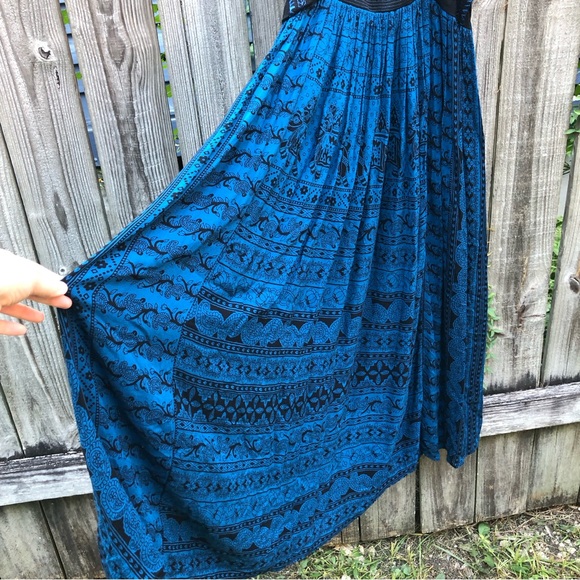 Free People Maxi Dress Flutter Sleeve Blue Black Floral Elephants - Picture 7 of 16